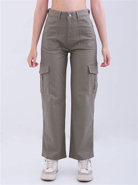 Spykar Dull Olive High Rise Cargo Fit Casual Trousers For Women
