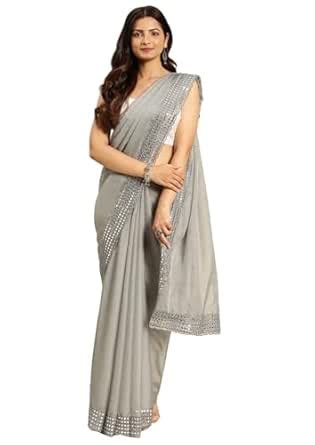 Buy Kasee Women Grey Embellished Mirror Work Satin Saree at Amazon.in