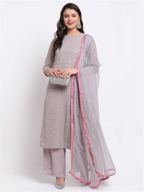 Grey Sequin Line Straight Kurti with Palazzo and Mokaish Dupatta ...