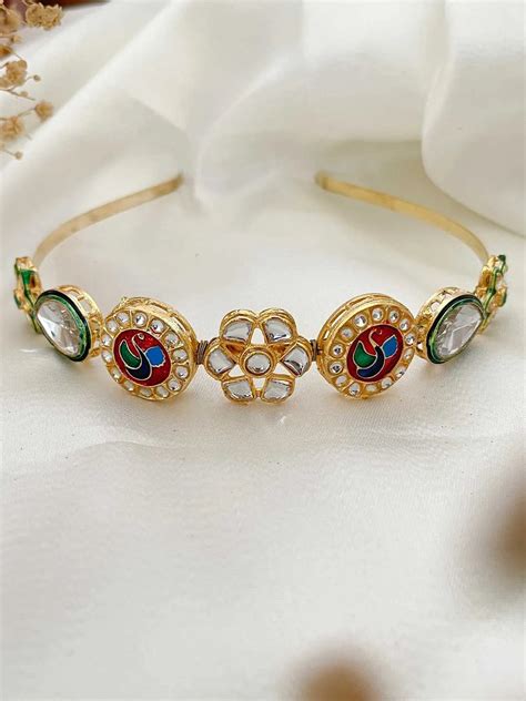 Buy Multi Colour Kundan Gold Plated Embellished Hairband Online - Ishhaara