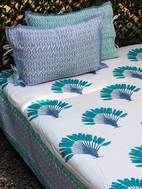 Palm Hand Block Print Cotton Double Bed Sheet Set With 2 Pillow Covers ...