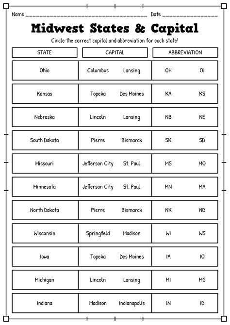 11 Midwest Region States And Capitals Worksheets - Free PDF at ...