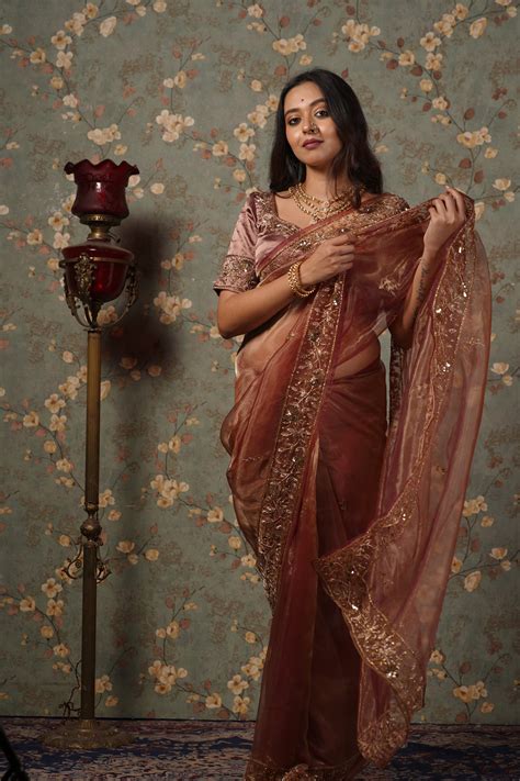 Rose Beige Glass Tissue Anaya Saree – kreationbykj