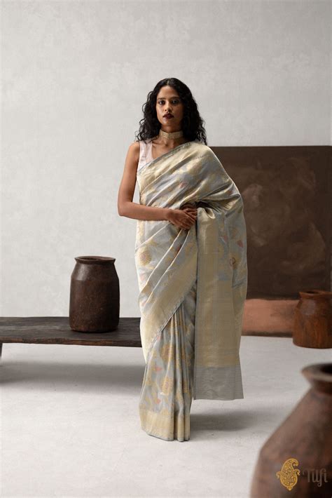 Grey Pure Katan Silk Tissue Banarasi Handloom Saree - Tilfi