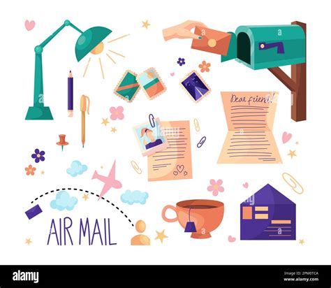 Cute vintage pen friend elements vector illustrations set Stock Vector ...