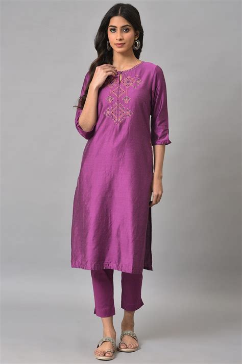 Purple Festive Shantung kurta With Slim Pants – wforwoman