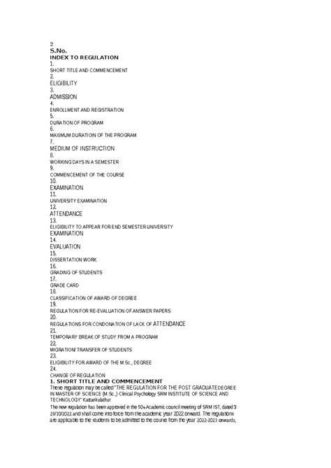 syllabus of msc psychology - 2 S. INDEX TO REGULATION 1. SHORT TITLE ...