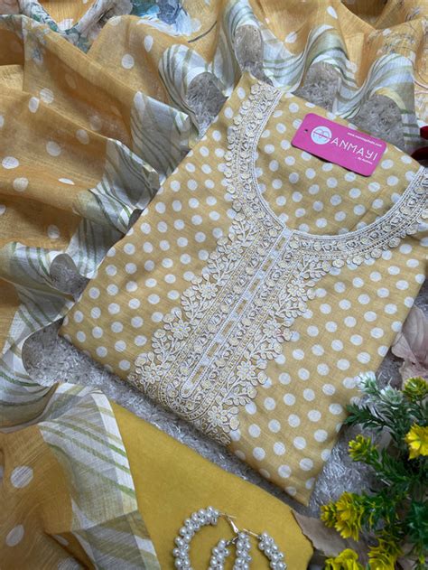 Soft linen cotton polka dots suits with digital dupattas