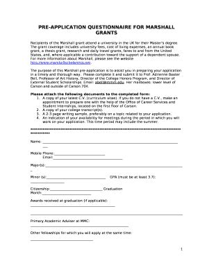 PRE-APPLICATION QUESTIONNAIRE FOR MARSHALL GRANTS Doc Template | pdfFiller