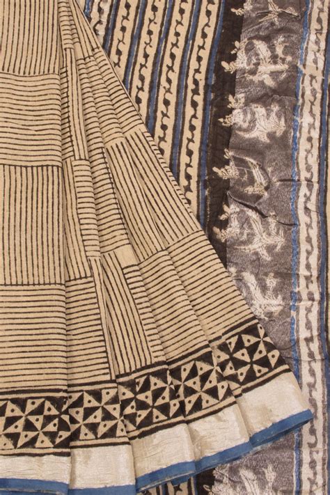 Beige Hand Block Printed linen saree | Avishya.com