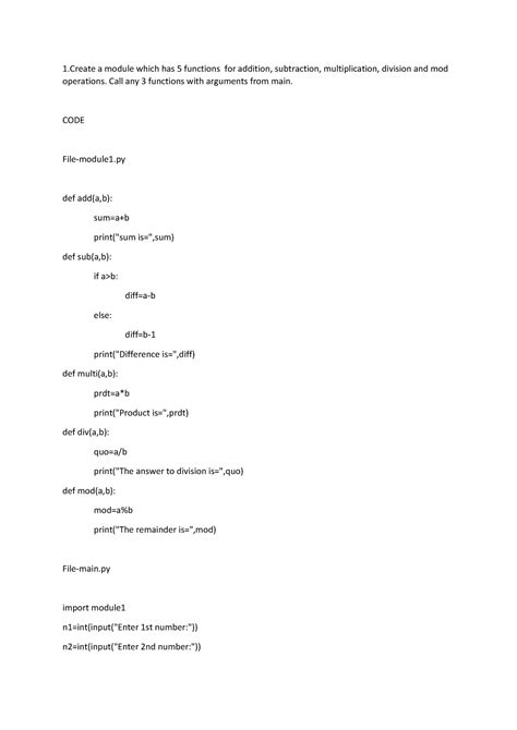 Python Lab Day 5 - 1 a module which has 5 functions for addition ...