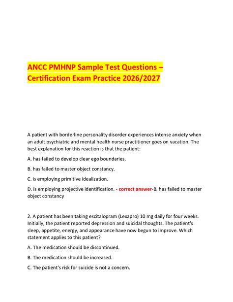 ANCC PMHNP Sample Test Questions - Certification Exam Practice 2026/ ...
