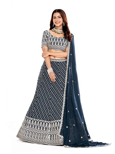 Navy Blue & Silver Embroidered Semi-Stitch Lehenga Choli – Shopgarb Store