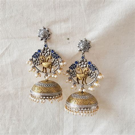 BALAMANI- Golden With Silver Blue Stone Pichwai Heavy Jhumka German Ox ...