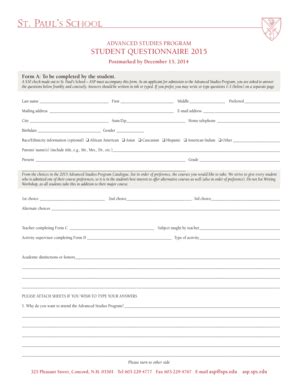Fillable Online ADVANCED STUDIES PROGRAM STUDENT QUESTIONNAIRE 2015 ...