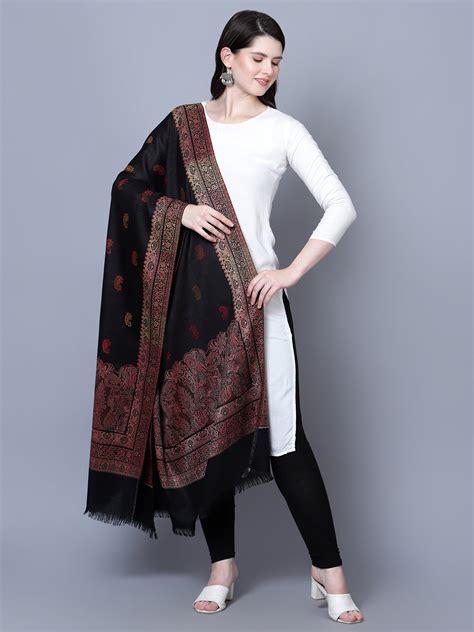 Women Royal Kashmiri Border with Paisley Jaal Fine Wool Black Shawl ...
