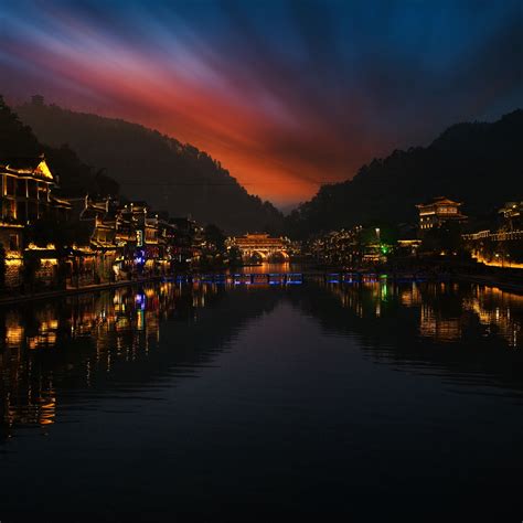 Download wallpaper 2780x2780 buildings, lights, reflection, river ...