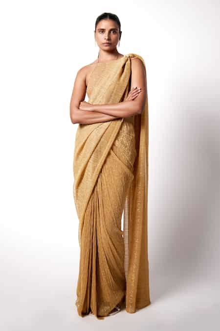 Buy Gold Silk, Jersey Pearls Halter Neck Ez Pre-draped Saree With Top ...