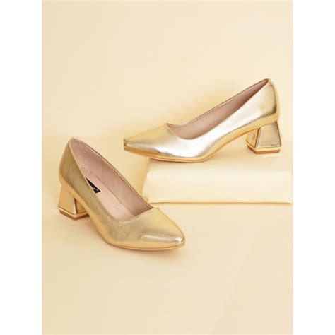 Buy Sherrif Shoes Womens Golden Block Heel Pumps Online