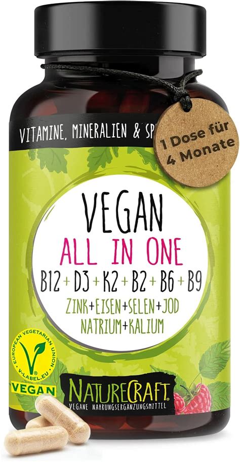 Vegan All-in-One - Vitamin B12+D3+K2+B2+B6+B9 Folsäure + Zink + Eisen ...