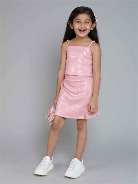 foil printed singlet party crop top and matching slit skirt set-pink ...