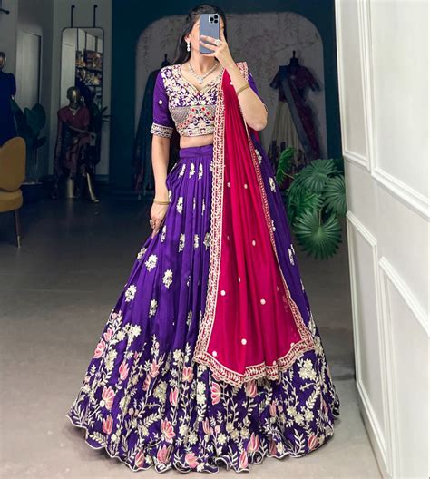 Purple Vichitra Silk Sequins Thread Embroidery Work Lehenga – Ethnicsupply