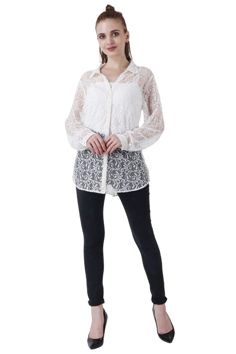 Sheer Lace Long Sleeve Shirt with Dog Ear Collar - Casual Regular Fit ...