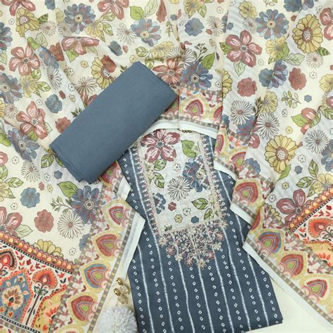 Mastana Shadow Grey Bandhani Print Zari Work Neck Jam Cotton Suit Set ...