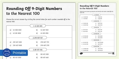 Rounding Off 9-Digit Numbers to the Nearest 100 Activity Sheet