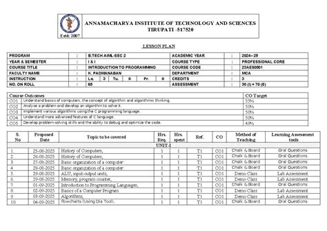 B.TECH 2 MCA 23AES0501: Introduction to Programming Lesson Plan - Studocu