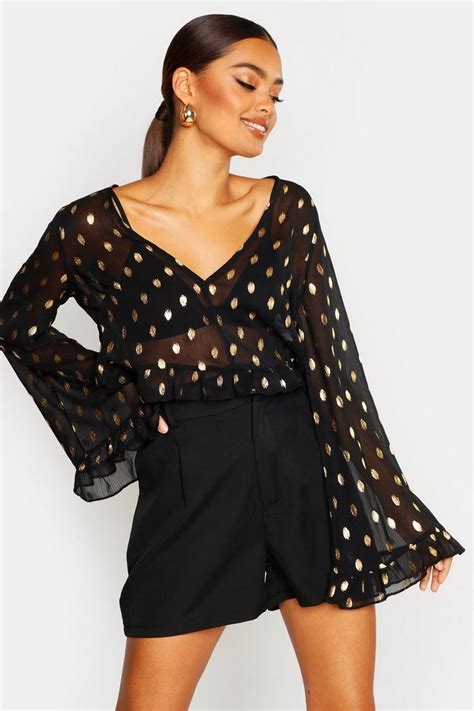 Metallic Spot Flared Sleeve Blouse