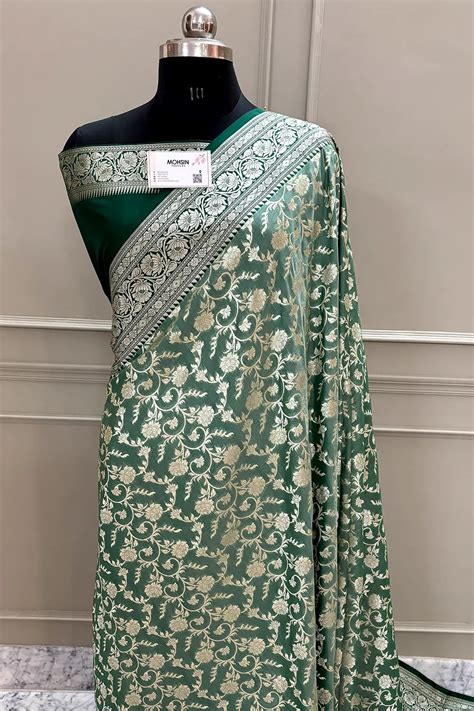 Mint and Bottle Green Gulabi Jaal Katan Silk Banarasi Saree – Mohsin ...