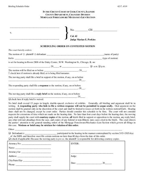 Fillable Online Briefing Schedule and Hearing Date on Contested Motion ...