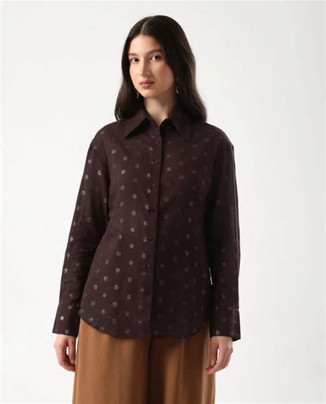 Rareism Women's Ronjaz Dusky Brown Cotton Collared Plain Cuffed Sleeve