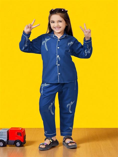 Buy Bird Abstract Printed Solid Blue Long Girls Cotton Nightwear Online ...