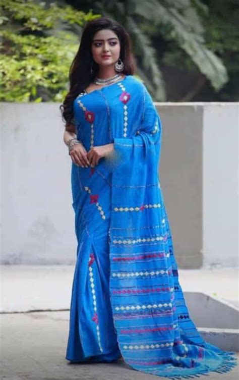 Blue Khesh Applique Work Pure Khadi Sarees – Dailybuyys