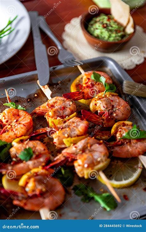 Close Up View of a Spread of Shrimp Skewers Appetizers and Other ...