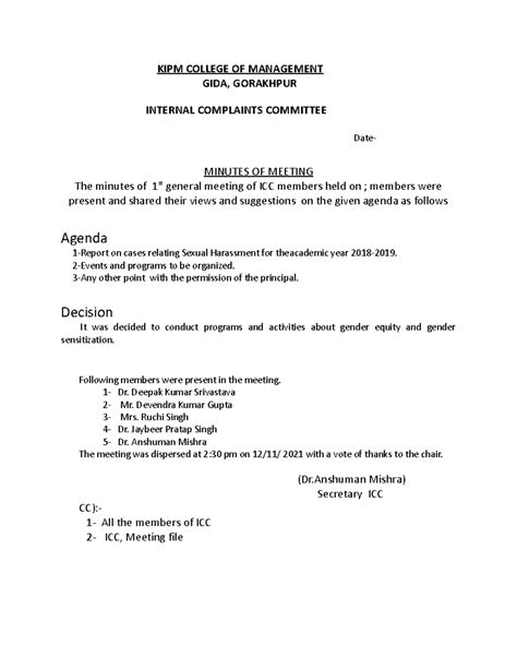 Icc2 - KIPM COLLEGE OF MANAGEMENT GIDA, GORAKHPUR INTERNAL COMPLAINTS ...