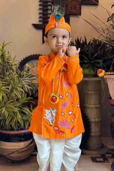 Buy Orange Cotton, Silk Beads Pichwai Embroidered Kurta With Dhoti Set ...