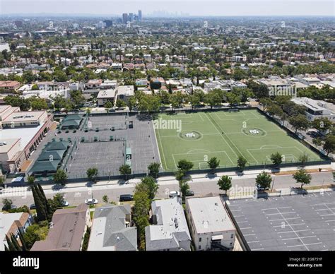 Aerial view of Beverly Hills and school, city in California's Los ...