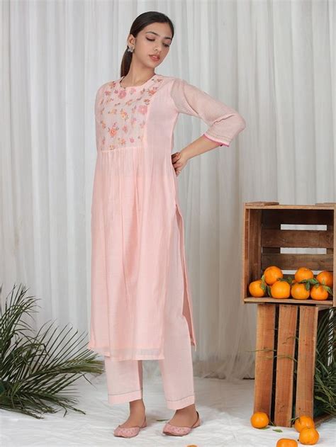 Buy Printed Chanderi Pleated Kurta with Pants- Set of 2 | NKP012/BET8 ...