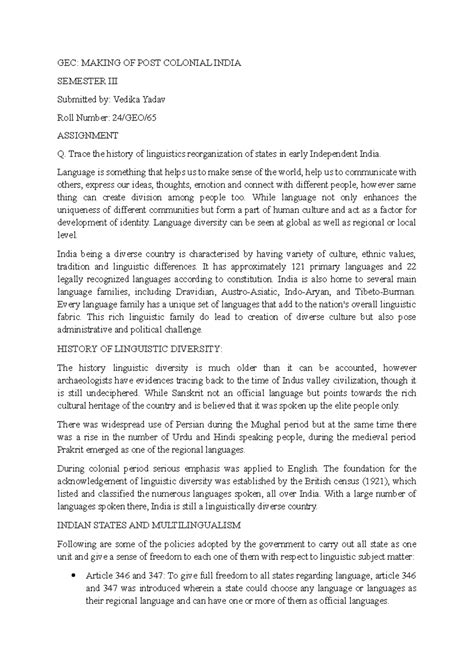 GEC: Linguistic Reorganization of States in Post-Colonial India - Studocu
