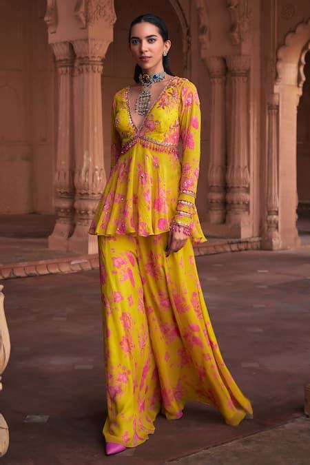 Buy Yellow Georgette Embroidery, Sequins Floral Print Peplum Top And ...