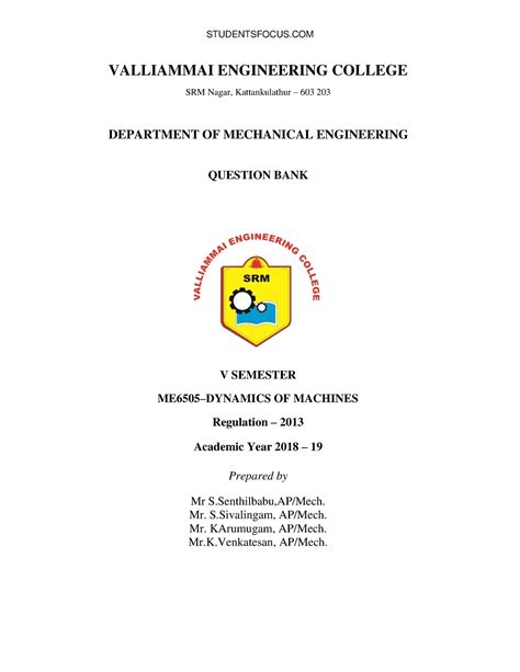 ME6505-Dynamics of Machines - VALLIAMMAI ENGINEERING COLLEGE SRM Nagar ...