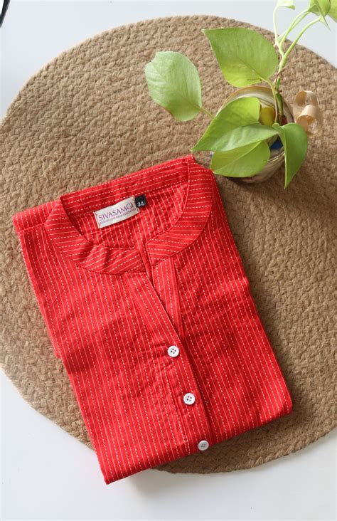 Red Cotton Mandarin Collar Short Kurti – Sivasamgi
