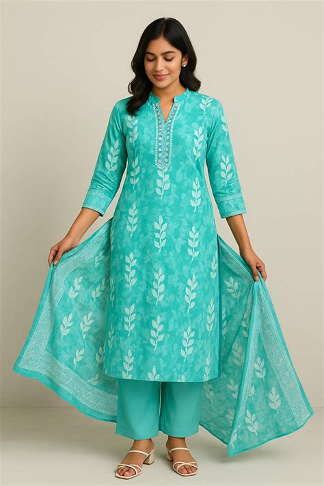 Sunrise Collection Aqua Blue Leaf Print Pure Cotton Suit Set – SUNRISE ...