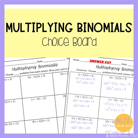 Multiplying Binomials FOIL Worksheet Choice Board for Algebra 1 - Maila Rivera | Math with Ms ...