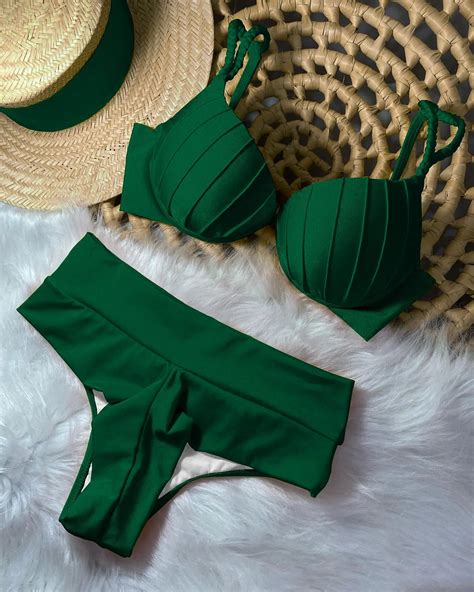 Womens Emerald Green Bikini Set With Straw Hat on Luulla