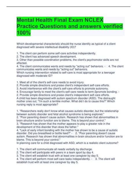Mental Health Final Exam NCLEX Practice Questions and answers verified ...