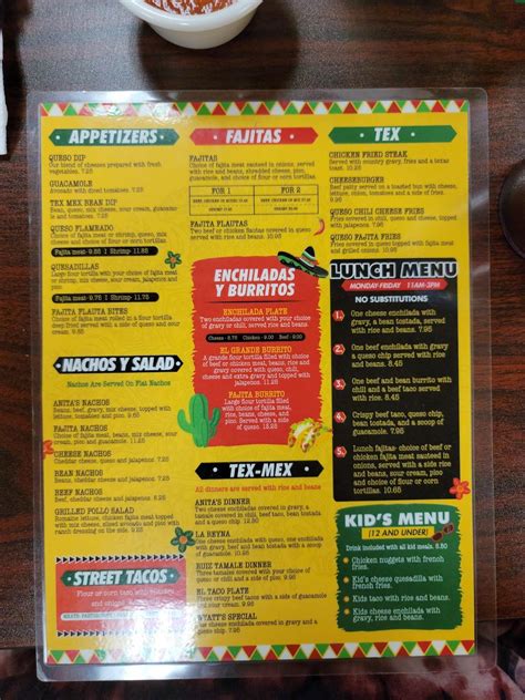Menu at Anita's Tex Mex restaurant, Buna